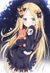  1girl :o abigail_williams_(fate/grand_order) bangs black_bow black_dress black_hat blonde_hair blue_eyes blush bow bug butterfly commentary_request dress fate/grand_order fate_(series) flower forehead frilled_sleeves frills glint hair_bow hat highres insect light_particles long_hair long_sleeves looking_at_viewer object_hug orange_bow parted_bangs parted_lips polka_dot polka_dot_bow sidelocks sleeves_past_fingers sleeves_past_wrists solo standing star stuffed_animal stuffed_toy teddy_bear tomoo_(tomo) very_long_hair 