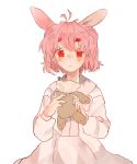  1girl :&lt; animal_ears bangs blush closed_mouth commentary_request dress highres nose_blush pink_dress pink_hair red_eyes short_hair simple_background solo stuffed_animal stuffed_toy teddy_bear twice12314 white_background 