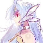  1girl bare_shoulders blue_hair collar collarbone forehead_protector kos-mos long_hair negresco nintendo profile red_eyes sketch solo white_background wind xenoblade_(series) xenoblade_2 