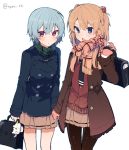  2girls ayanami_rei bag_charm bangs black_neckwear blue_eyes blue_hair blue_jacket blush brown_cardigan brown_gloves brown_hair brown_jacket brown_legwear brown_scarf brown_skirt charm_(object) cowboy_shot eyebrows_visible_through_hair fringe_trim gloves green_scarf hair_between_eyes hand_holding hand_up ikeuchi_tanuma jacket long_hair long_sleeves multiple_girls neon_genesis_evangelion open_clothes open_jacket open_mouth pantyhose parted_lips plaid plaid_scarf pleated_skirt red_eyes scarf school_briefcase school_uniform simple_background skirt souryuu_asuka_langley twitter_username white_background 