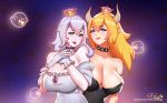  2girls :3 :p artist_name bare_shoulders black_dress blonde_hair blue_eyes boo bowsette breasts brooch collar collarbone commentary crown dress english_commentary expressive_clothes eyebrows_visible_through_hair fang fang_out gloves hands_on_own_chest horns jewelry large_breasts long_hair looking_at_viewer luigi&#039;s_mansion super_mario_bros. multiple_girls new_super_mario_bros._u_deluxe nintendo pink_lady_mage pointy_ears ponytail princess_king_boo sharp_teeth signature silver_hair smile spiked_armlet spiked_collar spikes star starry_background strapless strapless_dress super_crown teeth tongue tongue_out upper_body violet_eyes white_dress white_gloves 