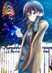  1girl :3 black_hair blue_sky blush brown_coat coat cup ferris_wheel green_eyes hand_up highres holding holding_cup jewelry long_hair necklace night night_sky original outdoors railing ribbed_sweater sky snow solo standing steam sweater tsuyunominaduki 