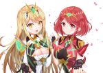  2girls armor artist_request bangs blonde_hair blush breasts cleavage cleavage_cutout earrings fingerless_gloves gem gloves hair_ornament headpiece mythra_(xenoblade) pyra_(xenoblade) jewelry large_breasts long_hair looking_at_viewer multiple_girls nintendo red_eyes redhead short_hair shoulder_armor simple_background smile swept_bangs thigh_strap tiara xenoblade_(series) xenoblade_2 yellow_eyes 