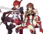  2girls armor bangs black_footwear black_hair blush boots circlet cosplay costume_switch ebinku elbow_sleeve eyebrows_visible_through_hair fire_emblem fire_emblem_if highres hinoka_(fire_emblem_if) hinoka_(fire_emblem_if)_(cosplay) long_hair looking_at_viewer lora_(xenoblade_2) lora_(xenoblade_2)_(cosplay) multiple_girls nintendo parted_bangs parted_lips pauldrons pegasus_knight pleated_skirt red_eyes red_footwear red_legwear redhead short_hair simple_background skirt smile thigh-highs thigh_boots upper_teeth white_background xenoblade_(series) xenoblade_2 xenoblade_2:_ogon_no_kuri_ira yellow_eyes zettai_ryouiki 