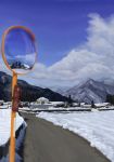  bare_tree blurry clouds depth_of_field house mirror mountain no_humans original reflection road rural scenery shi_yu sign sky snow town tree winter 