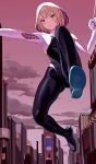  1girl artist_name ass_visible_through_thighs bangs blonde_hair blue_eyes blush bodysuit chinese_commentary city clouds commentary_request fkey full_body hand_up highres hood knee_up outstretched_arm pink_sky short_hair silk skin_tight solo spider-gwen spider-man:_into_the_spider-verse spider-man_(series) spider_web spider_web_print thighs 