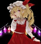  1girl black_background blonde_hair blood cowboy_shot eyebrows_visible_through_hair flandre_scarlet glowing glowing_wings hat highres licking_blood light_particles looking_at_viewer nail_polish red_eyes red_nails red_skirt simple_background skirt solo touhou vampire wings wrist_cuffs yedan yellow_neckwear 