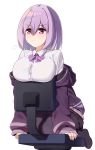  1girl bangs black_legwear blush bow bowtie breast_rest breasts collared_shirt commentary ddt_(darktrident) eyebrows_visible_through_hair hair_between_eyes highres jacket kneeling large_breasts lavender_hair long_sleeves off_shoulder on_chair partially_unzipped pout purple_bow purple_hair purple_jacket purple_neckwear shinjou_akane shirt short_hair simple_background sleeves_past_wrists solo ssss.gridman uniform violet_eyes white_background white_shirt wing_collar 