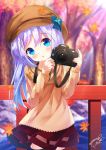  1girl autumn_leaves bangs blue_bow blue_eyes blurry blurry_background blush bow brown_hat brown_skirt cabbie_hat camera chinomaron commentary_request day depth_of_field eyebrows_visible_through_hair flower gochuumon_wa_usagi_desu_ka? hair_between_eyes hair_ornament hands_up hat hat_bow head_tilt highres holding holding_camera kafuu_chino leaf long_hair long_sleeves looking_at_viewer maple_leaf orange_flower outdoors parted_lips purple_hair railing red_skirt signature skirt sleeves_past_wrists solo tree twitter_username very_long_hair x_hair_ornament 