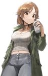  1girl :/ bangs black_choker breasts brown_eyes brown_hair can choker coat commentary cowboy_shot denim eyebrows_visible_through_hair fingernails from_below green_coat hand_in_pocket highres holding holding_can idolmaster idolmaster_cinderella_girls jeans katagiri_sanae large_breasts long_sleeves looking_at_viewer looking_to_the_side low-cut low_twintails medium_hair midriff mossi navel pants ribbed_sweater simple_background sketch solo sweater twintails white_background 