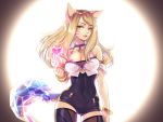  1girl ahri animal_ears armlet bangs bare_shoulders black_leotard blonde_hair bracelet breasts choker cleavage contrapposto covered_navel cowboy_shot fox_ears fox_tail halter_top halterneck heart idol jewelry k/da_(league_of_legends) k/da_ahri league_of_legends leotard lips long_hair looking_at_viewer meo purple_choker solo strapless strapless_leotard swept_bangs tail thigh-highs whisker_markings yellow_eyes 