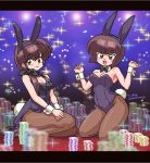  2girls :d animal_ears artist_name bangs bare_shoulders black_jacket black_leotard black_ribbon blurry blurry_background blurry_foreground bob_cut bow bowtie breasts bunny_tail bunnysuit cleavage clenched_hands closed_mouth coattails commentary detached_collar earrings eyebrows_visible_through_hair fake_animal_ears fake_tail fishnet_pantyhose fishnets hair_over_shoulder hair_rings hands_on_thighs head_tilt high_heels jacket jewelry kneeling leaning_to_the_side legs leotard letterboxed light_particles light_smile long_hair looking_at_viewer medium_breasts multiple_girls open_mouth pantyhose poker_chip ponytail rabbit_ears ranma_1/2 ribbon seiza short_hair siblings signature sisters sitting sleeveless_jacket smile sparkle spotlight strapless strapless_leotard tail tendou_kasumi tendou_nabiki twitter_username w_arms wanta_(futoshi) wrist_cuffs 