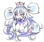  1girl akairiot blush boo breasts cleavage collar crown dress frilled_collar frills ghost_pose large_breasts long_hair luigi&#039;s_mansion super_mario_bros. new_super_mario_bros._u_deluxe nintendo open_mouth pale_skin princess_king_boo red_eyes sharp_teeth simple_background super_crown teeth tongue tongue_out upper_body white_background white_dress white_hair 