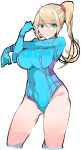  1girl aqua_eyes bangs blonde_hair blue_leotard breasts closed_mouth covered_navel enpe eyebrows_visible_through_hair highres large_breasts leotard long_hair looking_at_viewer metroid nintendo ponytail samus_aran simple_background smile solo white_background zero_suit 
