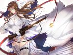  1girl bangs braid breasts bridal_gauntlets brown_hair dress french_braid girls_frontline gloves green_eyes gun hair_ornament highres holding holding_gun holding_weapon large_breasts lee-enfield lee-enfield_(girls_frontline) long_hair looking_at_viewer mizumochi_(1egend) rifle solo standing thigh-highs weapon white_background white_dress white_gloves white_legwear 