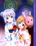  2girls absurdres blue_eyes blue_hair candy_apple food gochuumon_wa_usagi_desu_ka? hair_bun hair_ornament highres holding holding_food hoto_cocoa japanese_clothes kafuu_chino kimono magazine_scan mask mask_on_head megami_deluxe multiple_girls obi official_art ogawa_akane open_mouth orange_hair sash scan smile v violet_eyes white_background yukata 