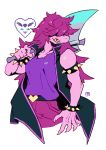  1girl axe black_jacket bracelet daoli deltarune hair_over_eyes holding holding_axe jacket jewelry over_shoulder pink_skin purple_shirt shirt solo spiked_armlets spiked_bracelet spikes susie_(deltarune) teeth white_background yellow_teeth 