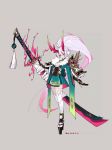  1girl 2018 absurdres artist_request bandage character_request eyebrows_visible_through_hair eyeliner fire fur_trim glowing glowing_eyes grey_background highres holding holding_weapon horns katana lipstick long_hair makeup oni onmyoji pauldrons pink_hair ponytail signature simple_background solo standing sword thigh-highs weapon yellow_eyes 