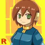  1girl aile breasts brown_hair commentary_request green_eyes jacket robot_ears rockman rockman_zx shin_ala short_hair smile solo 