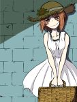  1girl against_wall bangs blush brick_wall brown_eyes brown_hair brown_hat closed_mouth commentary_request cowboy_shot dress flower girls_und_panzer half-closed_eyes hat hat_flower head_tilt holding jewelry looking_at_viewer medium_dress necklace nishizumi_miho noumen picnic_basket shadow short_hair sleeveless sleeveless_dress smile solo standing straw_hat sunflower v_arms white_dress white_pupils 
