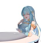  1girl bare_shoulders blue_hair cape closed_eyes dress ei1han fire_emblem fire_emblem:_rekka_no_ken fire_emblem_heroes hair_ornament long_hair mamkute ninian nintendo open_mouth simple_background smile solo 