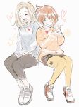  2girls aubz blush brown_hair closed_eyes contemporary jewelry long_hair looking_at_viewer multiple_girls octopath_traveler one_eye_closed open_mouth ophilia_(octopath_traveler) pantyhose short_hair simple_background smile sweater tressa_(octopath_traveler) v 