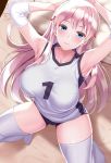  1girl arm_behind_head armpits bangs bed bed_sheet black_shorts blue_eyes blush bow breasts closed_mouth collarbone elbow_pads from_above gym_shorts gym_uniform hair_bow huyumitsu indoors large_breasts long_hair looking_at_viewer number numbers&#039;_uniform original pillow pink_hair shirt short_shorts shorts sleeveless sleeveless_shirt solo sportswear squatting thigh-highs volleyball_uniform white_legwear white_shirt 