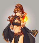 1girl alternate_costume bracelet breasts brown_hair cape fire jewelry large_breasts long_hair mella necklace octopath_traveler ponytail primrose_azelhart simple_background smile solo 