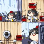  1girl 4koma :d :o bird_scarer black_hair black_wings blush_stickers chibi collared_shirt comic hat mailbox_(incoming_mail) newspaper numbered_panels open_mouth outdoors pom_pom_(clothes) red_eyes scarecrow shameimaru_aya shirt short_hair short_sleeves silent_comic smile solo sound_effects tokin_hat touhou white_pupils white_shirt wings yaise 
