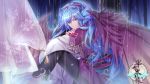  1boy black_wings blue_hair bow copyright_request fantasy feathered_wings hair_bow hand_on_own_arm head_fins knees_up long_hair looking_at_viewer male_focus nail_polish official_art pink_nails rain ran_(artist) sitting tree very_long_hair violet_eyes watermark wings 