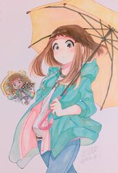  1girl blush boku_no_hero_academia brown_eyes brown_hair highres looking_at_viewer mikipi raincoat self_upload short_hair sidelocks solo umbrella uraraka_ochako 