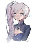  1girl alternate_costume artist_name blue_eyes breasts cleavage earrings ecru hair_ornament jewelry rwby scar scar_across_eye small_breasts smile solo weiss_schnee white_background white_hair 