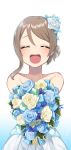 1girl absurdres alternate_hairstyle bangs bare_shoulders blue_flower blue_ribbon blush closed_eyes crying dress eyebrows_visible_through_hair flower hair_between_eyes hair_flower hair_ornament happy highres leaf love_live! love_live!_sunshine!! open_mouth purple_flower ribbon smile strapless strapless_dress tears thank_you_friends!! watanabe_you white_background white_dress yellow_flower yuama_(drop) 
