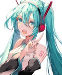  1girl aqua_eyes aqua_hair bare_shoulders detached_sleeves green_hair hair_between_eyes hatsune_miku headphones headset highres index_finger_raised long_hair looking_at_viewer necktie open_mouth saihate_(d3) sleeveless smile solo tattoo twintails very_long_hair vocaloid 