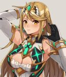  1girl armor bangs blonde_hair breasts cleavage cleavage_cutout covered_navel earrings gem gloves headpiece mythra_(xenoblade) jewelry kamu_(kamuuei) large_breasts nintendo solo swept_bangs thigh_strap tiara white_background xenoblade_(series) xenoblade_2 yellow_eyes 
