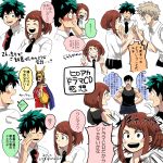  1girl 4boys all_might anger_vein angry antenna_hair bakugou_katsuki black_hair black_shirt blonde_hair blush_stickers boku_no_hero_academia brown_hair cape clenched_hands closed_eyes green_hair highres iida_tenya messy_hair middle_finger midoriya_izuku multiple_boys muscle necktie pointing red_neckwear shirt short_hair sidelocks speech_bubble sweatdrop tank_top translation_request u.a._school_uniform uraraka_ochako yagiushi_(sinnpatilove) 