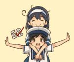  2girls ahoge black_hair blue_sailor_collar blush_stickers brown_eyes brown_hair closed_eyes comic hachimaki hat headband hiburi_(kantai_collection) hug hug_from_behind kantai_collection long_hair looking_at_viewer multiple_girls open_mouth otoufu outstretched_arms outstretched_wrists remodel_(kantai_collection) sailor_collar sailor_hat sailor_shirt school_uniform serafuku shirt short_hair short_sleeves smile spread_arms ushio_(kantai_collection) yellow_background 
