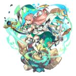  1boy 1girl artist_request blue_eyes bow_(weapon) breasts dragalia_lost green_eyes green_hair hair_ornament long_hair looking_at_viewer looking_back louise_(dragalia_lost) lowen_(dragalia_lost) official_art pink_hair sideboob thigh-highs transparent_background weapon 