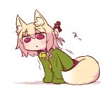  1girl animal_ear_fluff animal_ears arm_support bangs bell bell_collar blonde_hair blush brown_collar collar eyebrows_visible_through_hair fox_ears fox_girl fox_tail full_body green_shirt hair_between_eyes hair_bun hair_ornament jingle_bell kemomimi-chan_(naga_u) leaning_forward long_sleeves looking_at_viewer naga_u orange_neckwear original parted_lips pleated_skirt purple_skirt red_eyes sailor_collar shadow shirt sidelocks skirt sleeves_past_fingers sleeves_past_wrists solo tail white_background white_sailor_collar 