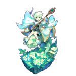  1boy aqua_eyes artist_request dragalia_lost flower grass green_hair looking_at_viewer lowen_(dragalia_lost) official_art open_mouth shoes short_hair sitting smile socks staff wide_sleeves winged_shoes wings 