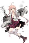  1girl ahoge bra depth_charge depth_charge_projector double_bun dress fujikawa full_body glasses grey_legwear kantai_collection long_hair long_sleeves machinery makigumo_(kantai_collection) official_art pink_hair purple_dress rabbit remodel_(kantai_collection) sleeves_past_wrists smile solo thigh-highs torn_clothes torpedo_launcher torpedo_tubes transparent_background turret twintails underwear zettai_ryouiki 