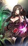  1girl absurdly_long_hair aura black_dress black_hair breasts bridal_gauntlets brown_hair cleavage commentary_request detached_sleeves dress fate/apocrypha fate/grand_order fate_(series) fern fur_trim hand_on_own_chin highres large_breasts long_dress long_hair plant pointy_ears sasakuma_kyouta semiramis_(fate) sitting very_long_hair yellow_eyes 