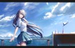  1girl :d absurdres blue_bow blue_skirt blue_sky blush bow breasts clouds grey_hair hair_between_eyes hand_up highres irozuku_sekai_no_ashita_kara lazy_guang_guang long_hair looking_at_viewer medium_breasts open_mouth outdoors paper_airplane railing school_uniform shirt short_sleeves silver_hair skirt sky smile solo standing tsukishiro_hitomi very_long_hair white_shirt 