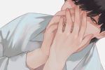  1boy antera_(emi) black_eyes black_hair commentary_request half-closed_eyes hands_over_mouth highres long_sleeves looking_at_viewer male_focus open_mouth original shirt solo teeth upper_body white_shirt 