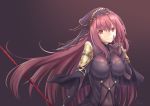  absurdres bodysuit breasts covered_navel dark_background fate/grand_order fate_(series) finger_to_mouth gae_bolg hair_intakes highres holding holding_weapon kugatsu_tooka large_breasts leotard long_hair looking_at_viewer pauldrons polearm purple_bodysuit purple_hair purple_leotard red_eyes scathach_(fate)_(all) scathach_(fate/grand_order) shoulder_armor spear veil weapon 