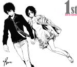  1boy 1girl bird breasts chrome_dokuro commentary_request dress eyepatch formal greyscale hibari_kyouya katekyo_hitman_reborn looking_at_viewer monochrome runesque short_hair 