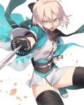  1girl black_bow black_legwear black_scarf bow fate_(series) grey_eyes hair_bow haori hinotta holding holding_sheath holding_sword holding_weapon japanese_clothes katana kimono koha-ace leg_up looking_at_viewer obi okita_souji_(fate) okita_souji_(fate)_(all) open_mouth sash scarf sheath short_hair short_kimono silver_hair simple_background sleeveless sleeveless_kimono solo sword thigh-highs weapon white_background white_kimono 