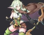  1girl arrow asymmetrical_sleeves black_background black_bow black_gloves boots bow bow_(weapon) brown_shorts cloak cowboy_shot elf gloves goblin_slayer! green_eyes green_hair hair_bow high_elf_archer_(goblin_slayer!) holding holding_weapon hood hooded_cloak kaiend looking_to_the_side pink_lips pointy_ears shorts sidelocks simple_background sleeveless smile solo thigh-highs thigh_boots weapon 