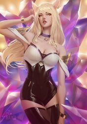  1girl ahri animal_ears artist_name blonde_hair breasts choker cleavage fox_ears heart heart_choker highres jewelry k/da_(league_of_legends) k/da_ahri large_breasts league_of_legends leotard raikoart single_earring solo tail thigh-highs whisker_markings yellow_eyes 