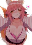  1girl animal_ears blush bra bra_peek breasts casual cleavage collarbone eyebrows_visible_through_hair fate_(series) fox_ears half-closed_eyes han_(jackpot) heart hood hoodie large_breasts leaning_forward long_sleeves open_clothes outstretched_arms pink_bra skirt smile solo tamamo_(fate)_(all) tamamo_no_mae_(fate) thought_bubble underwear yellow_eyes 